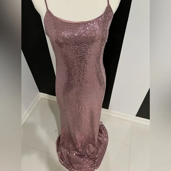 Adam Pink Sequin Maxi Gown Spaghetti Strap Prom - Picture 7 of 13